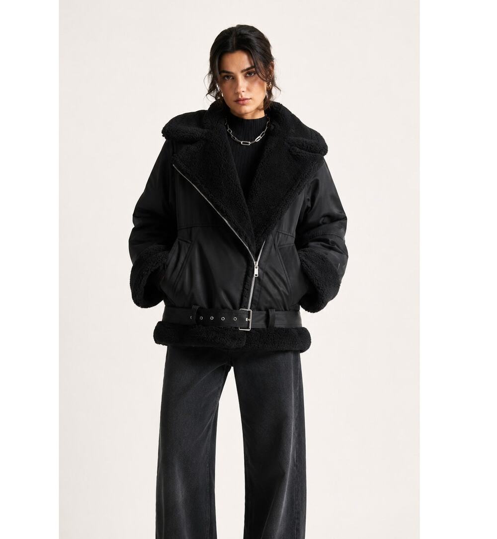 & Other Stories Stockholm Aviator Jacket Womens Large Black New Faux Shearling
